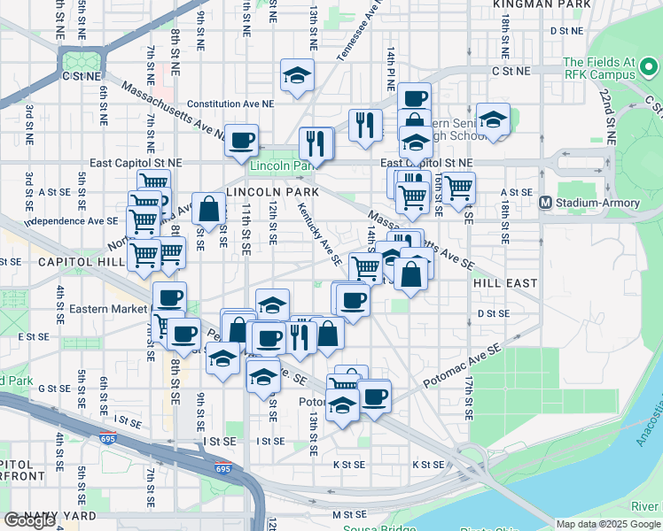 map of restaurants, bars, coffee shops, grocery stores, and more near 1323 South Carolina Avenue Southeast in Washington