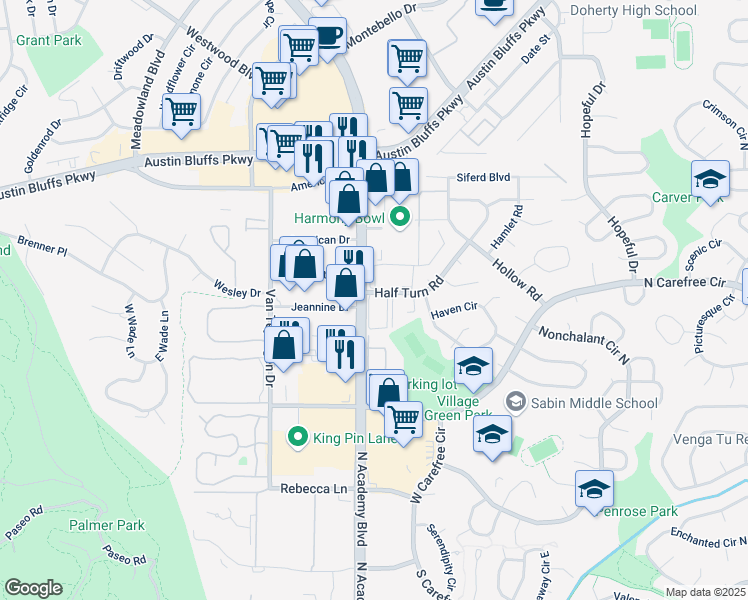 map of restaurants, bars, coffee shops, grocery stores, and more near 3803 Half Turn Road in Colorado Springs