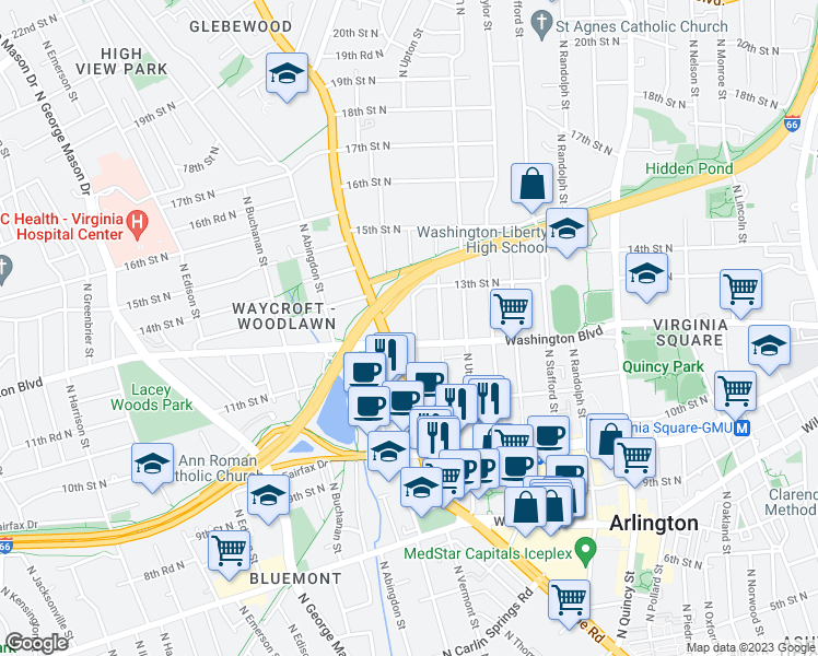 map of restaurants, bars, coffee shops, grocery stores, and more near 1210 North Vernon Street in Arlington