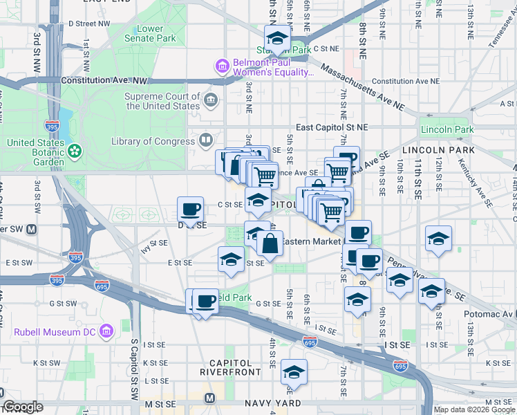 map of restaurants, bars, coffee shops, grocery stores, and more near 313 C Street Southeast in Washington