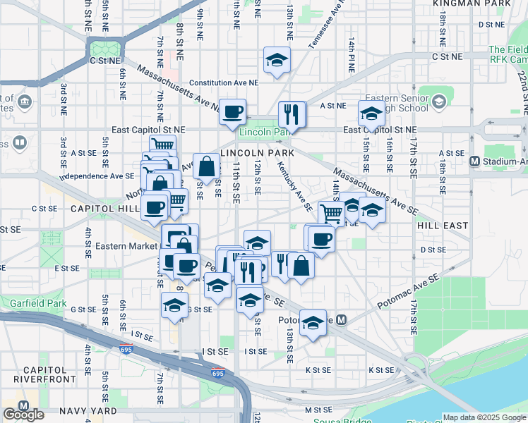 map of restaurants, bars, coffee shops, grocery stores, and more near 101 Independence Avenue Southeast in Washington