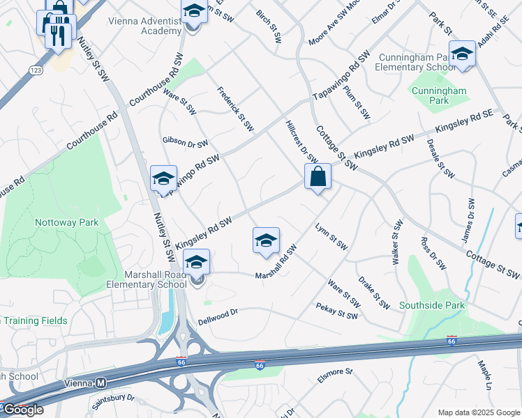 map of restaurants, bars, coffee shops, grocery stores, and more near 518 Kingsley Road Southwest in Vienna