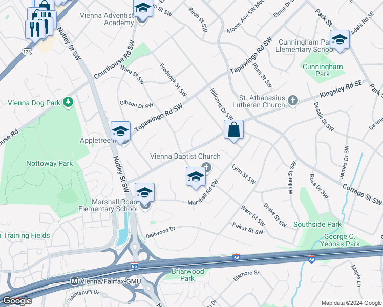 map of restaurants, bars, coffee shops, grocery stores, and more near 518 Kingsley Road Southwest in Vienna