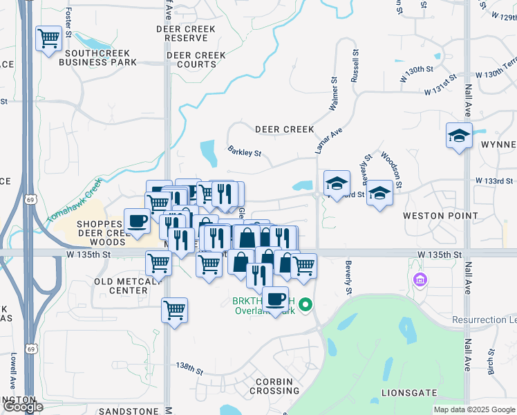 map of restaurants, bars, coffee shops, grocery stores, and more near 6522 West 133rd Terrace in Leawood