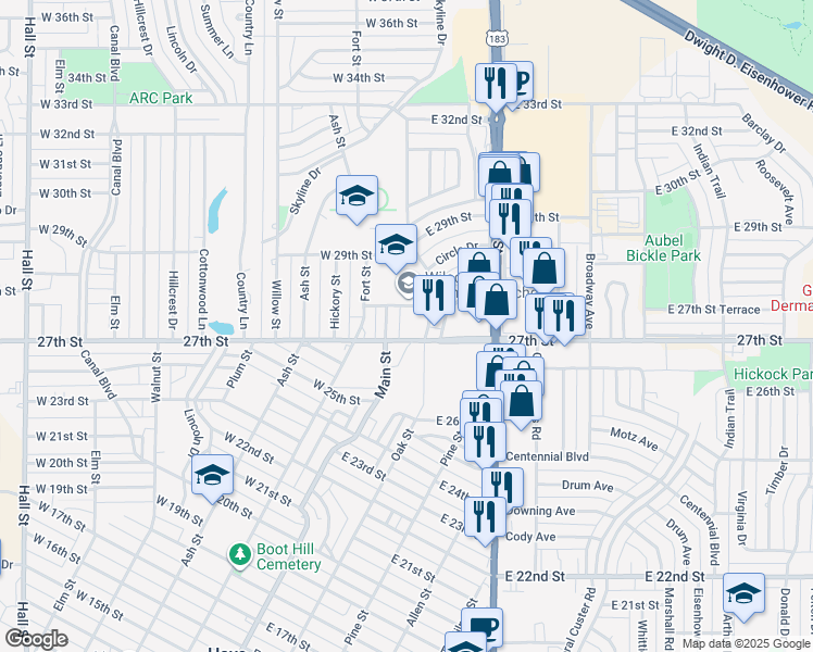 map of restaurants, bars, coffee shops, grocery stores, and more near West 28th Street in Hays