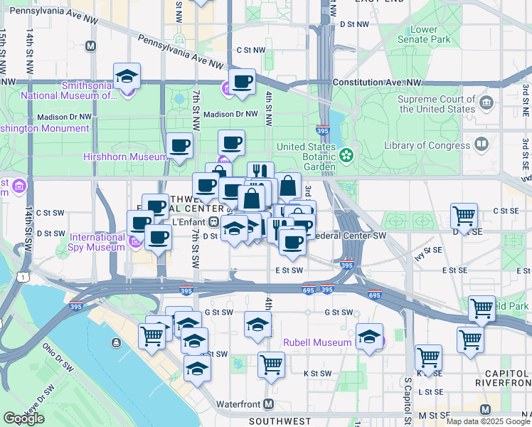 map of restaurants, bars, coffee shops, grocery stores, and more near 400 4th Street Southwest in Washington