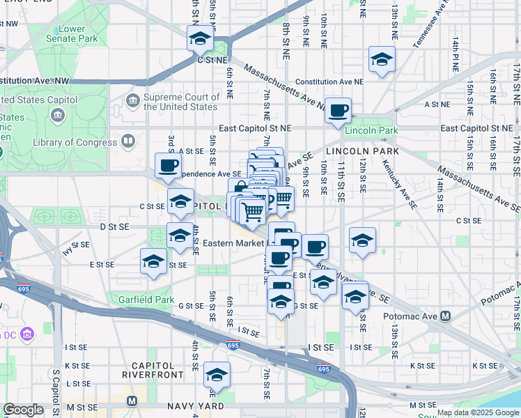 map of restaurants, bars, coffee shops, grocery stores, and more near 657 C Street Southeast in Washington