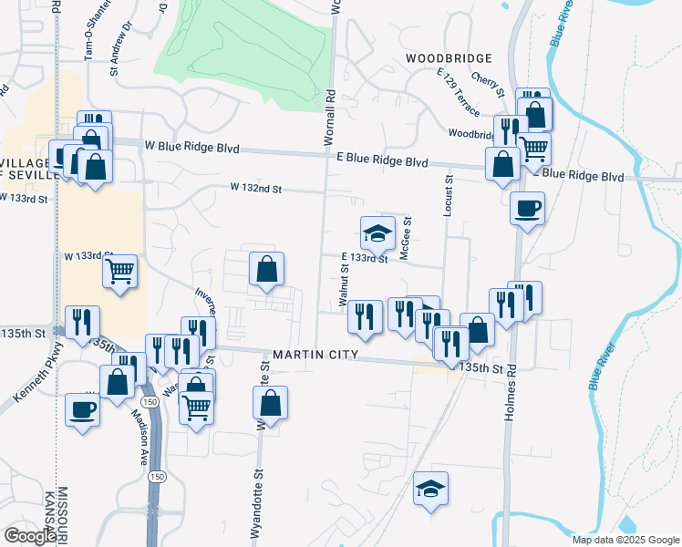 map of restaurants, bars, coffee shops, grocery stores, and more near 13310 Walnut Street in Kansas City