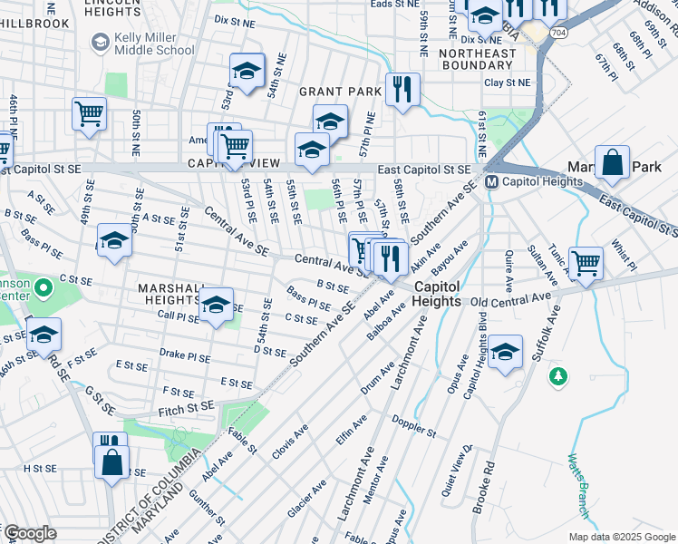 map of restaurants, bars, coffee shops, grocery stores, and more near 5539 Central Avenue Southeast in Washington