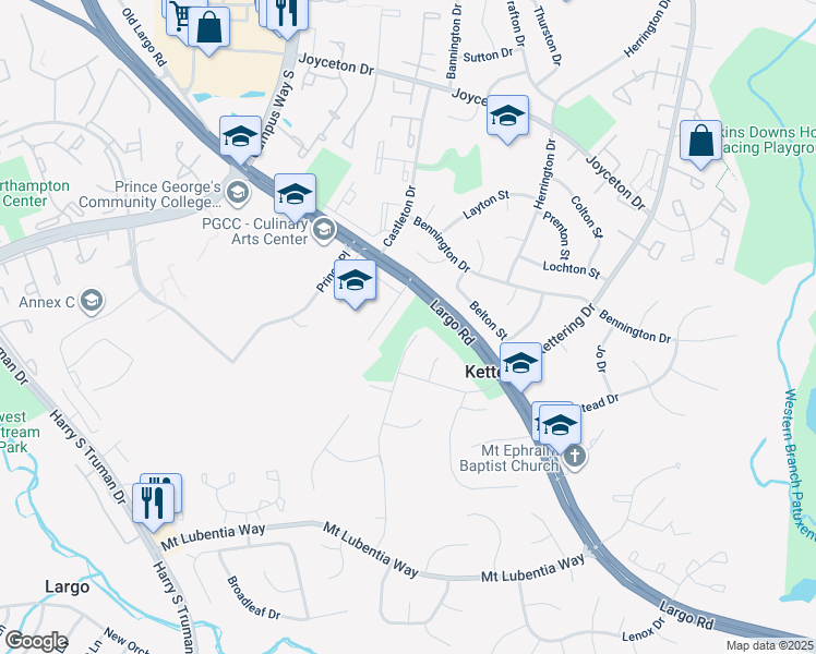 map of restaurants, bars, coffee shops, grocery stores, and more near 303 Etna Drive in Upper Marlboro