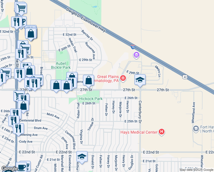 map of restaurants, bars, coffee shops, grocery stores, and more near 1801 East 27th Street in Hays
