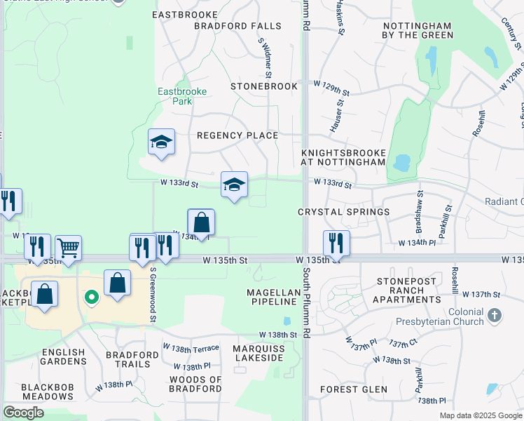 map of restaurants, bars, coffee shops, grocery stores, and more near 13775 West 133rd Street in Olathe