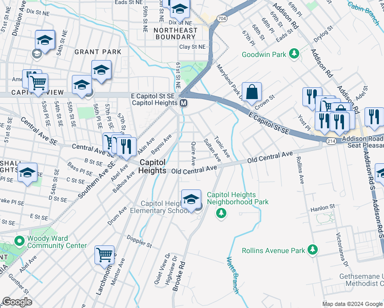 map of restaurants, bars, coffee shops, grocery stores, and more near 5415 Brenner Street in Capitol Heights