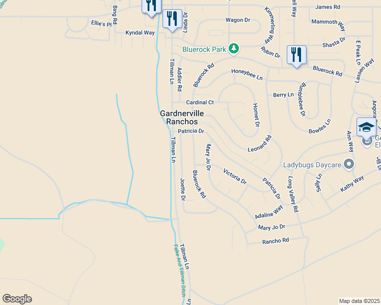 map of restaurants, bars, coffee shops, grocery stores, and more near 670 Bluerock Rd in Gardnerville