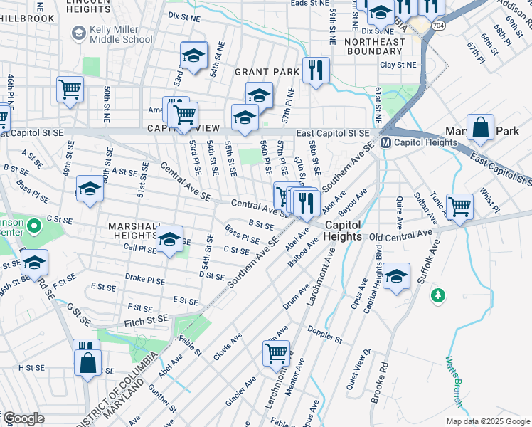 map of restaurants, bars, coffee shops, grocery stores, and more near 5539 Central Avenue Southeast in Washington
