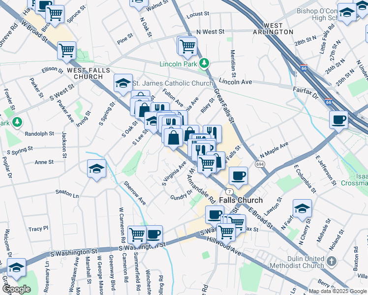 map of restaurants, bars, coffee shops, grocery stores, and more near 402 West Broad Street in Falls Church