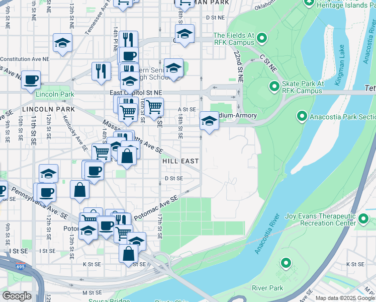 map of restaurants, bars, coffee shops, grocery stores, and more near 101 Independence Avenue Southeast in Washington