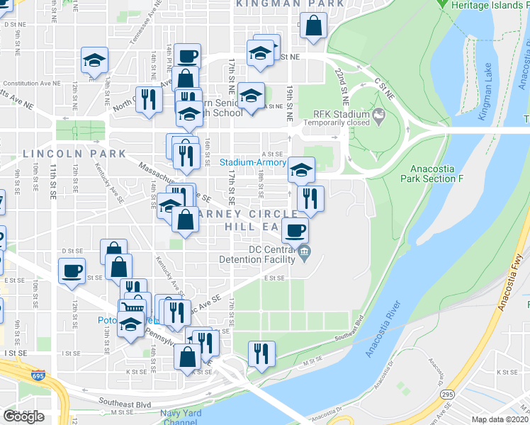 map of restaurants, bars, coffee shops, grocery stores, and more near 1803 Burke Street Southeast in Washington