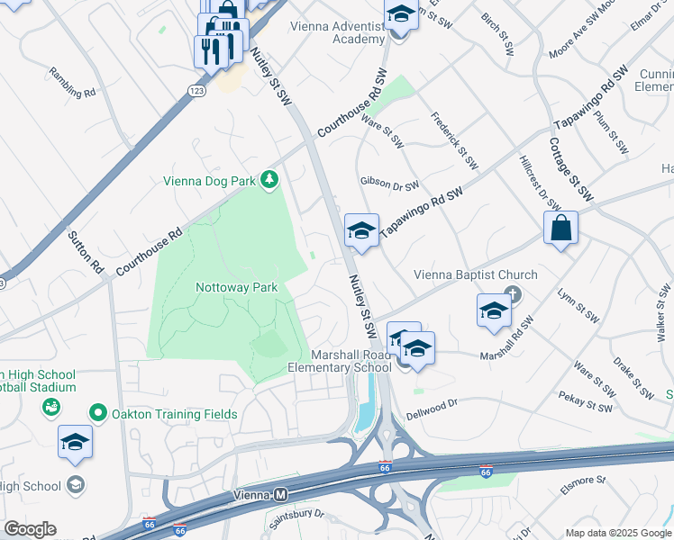 map of restaurants, bars, coffee shops, grocery stores, and more near 804 Tapawingo Road Southwest in Vienna