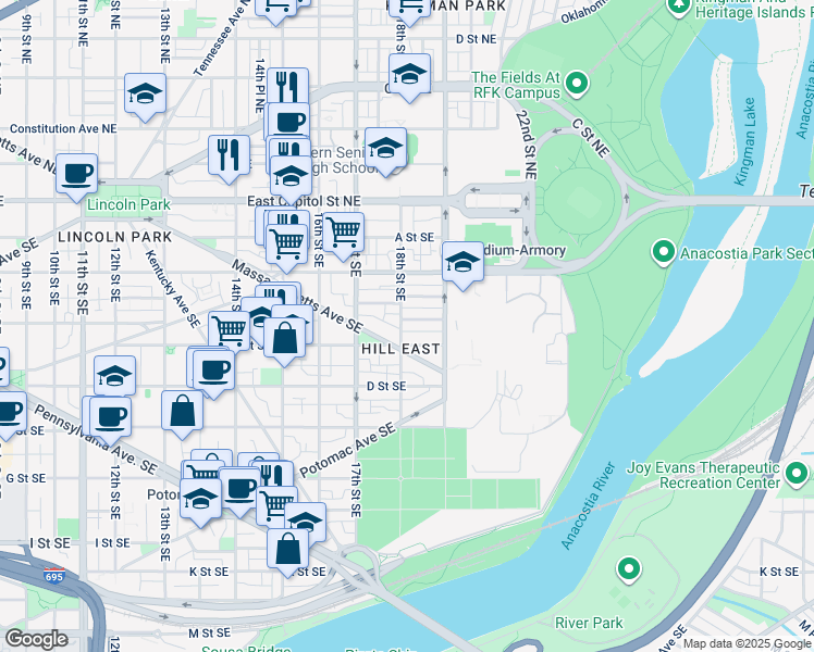 map of restaurants, bars, coffee shops, grocery stores, and more near 1803 Burke Street Southeast in Washington