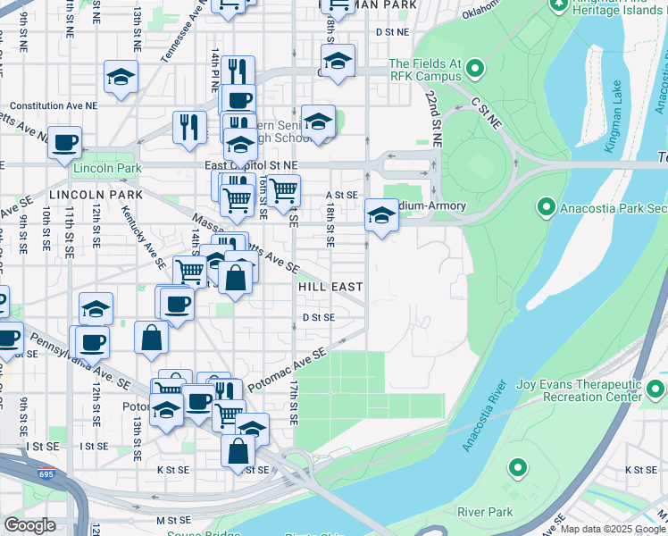 map of restaurants, bars, coffee shops, grocery stores, and more near 1801 Burke Street Southeast in Washington