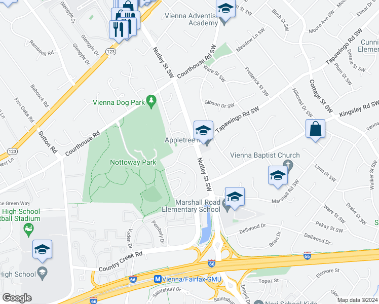 map of restaurants, bars, coffee shops, grocery stores, and more near 804 Tapawingo Road Southwest in Vienna