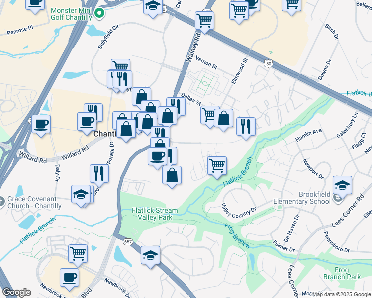 map of restaurants, bars, coffee shops, grocery stores, and more near 14063 Willard Road in Chantilly
