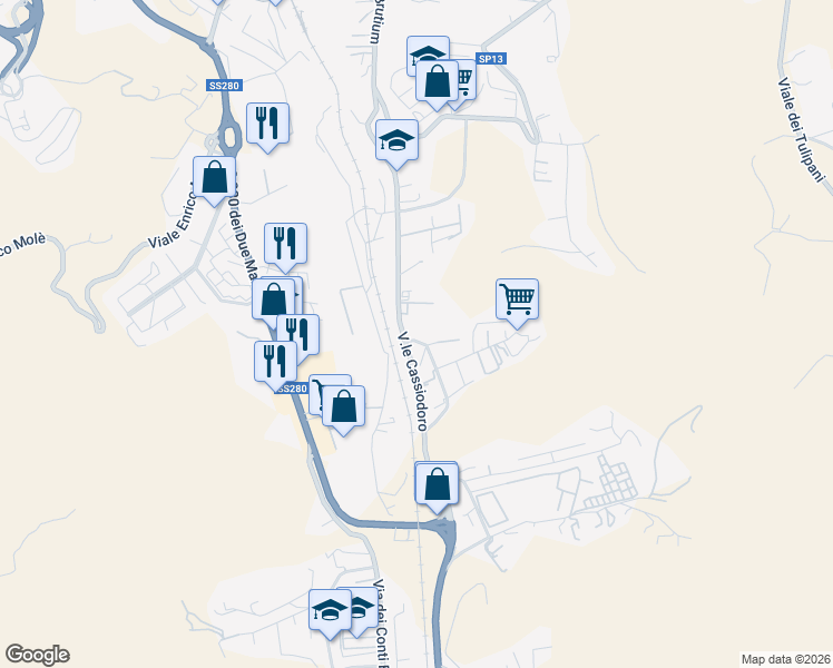 map of restaurants, bars, coffee shops, grocery stores, and more near 3 Via dei Conti Ruffo in Catanzaro