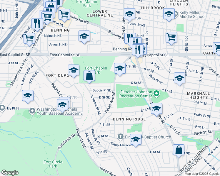 map of restaurants, bars, coffee shops, grocery stores, and more near 4418 Dubois Place Southeast in Washington