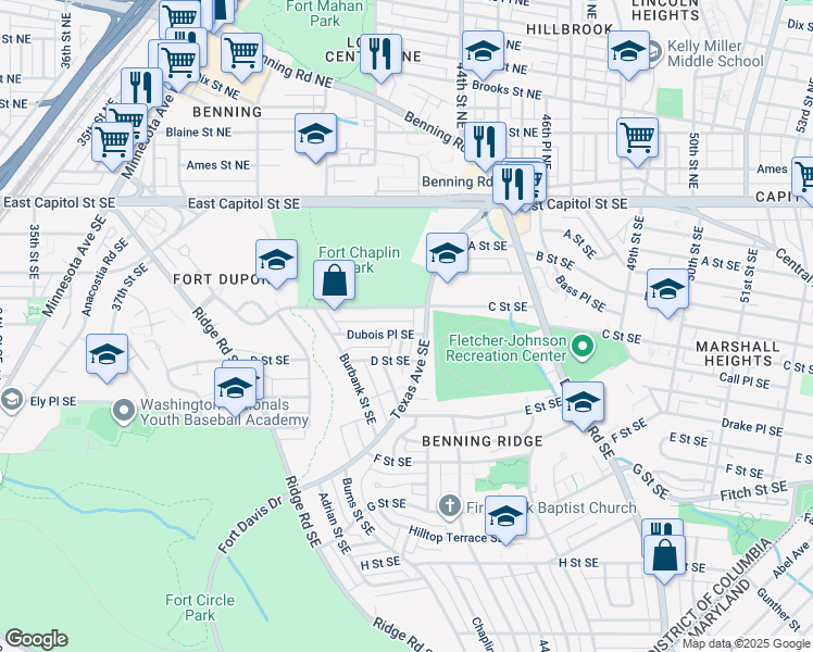 map of restaurants, bars, coffee shops, grocery stores, and more near 4412 Dubois Place Southeast in Washington