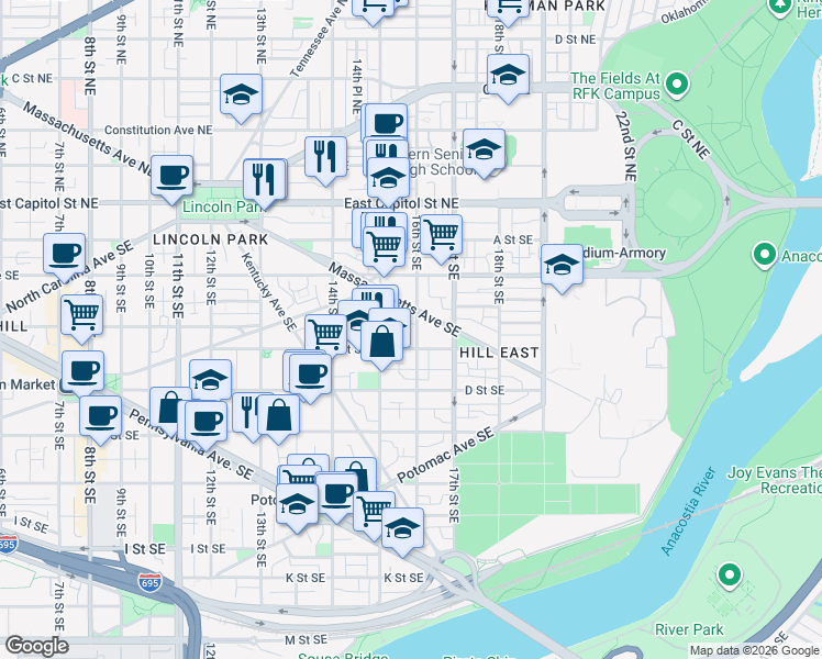 map of restaurants, bars, coffee shops, grocery stores, and more near 101 Independence Avenue Southeast in Washington