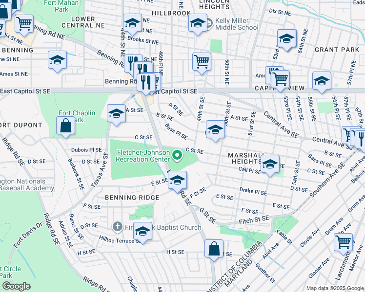 map of restaurants, bars, coffee shops, grocery stores, and more near 4800 C Street Southeast in Washington