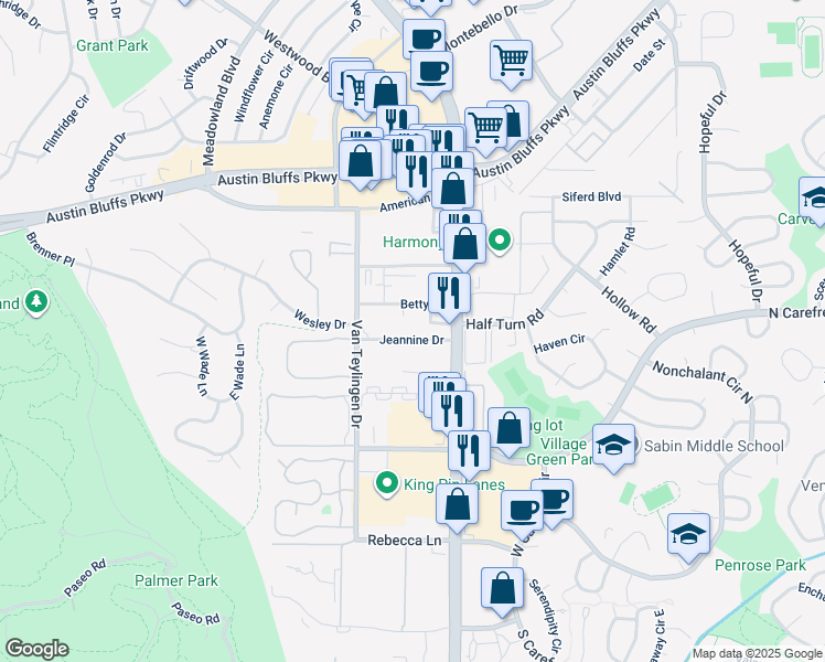 map of restaurants, bars, coffee shops, grocery stores, and more near 3680 Jeannine Drive in Colorado Springs