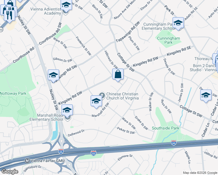 map of restaurants, bars, coffee shops, grocery stores, and more near 1009 Avery Court Southwest in Vienna