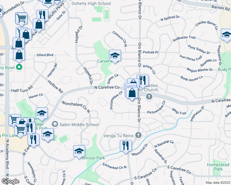 map of restaurants, bars, coffee shops, grocery stores, and more near 4523 North Carefree Circle in Colorado Springs