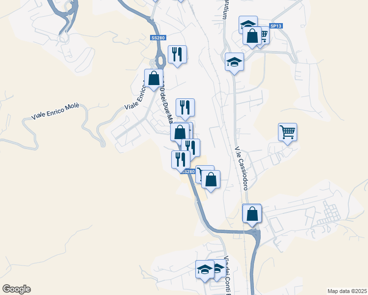 map of restaurants, bars, coffee shops, grocery stores, and more near 68 Viale Lucrezia della Valle in Catanzaro