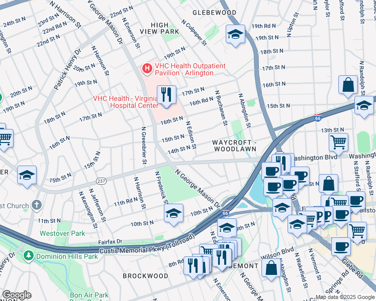 map of restaurants, bars, coffee shops, grocery stores, and more near 5114 14th Street North in Arlington