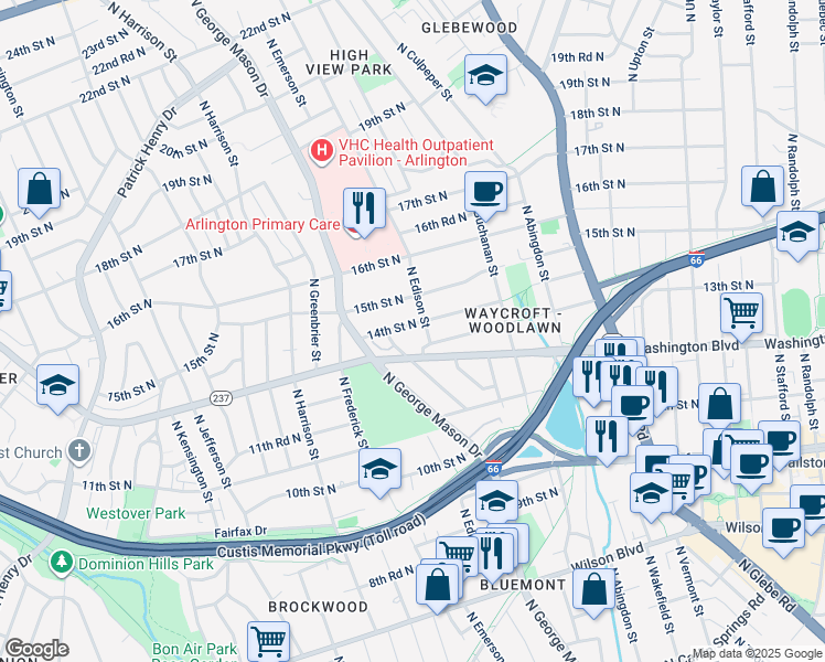 map of restaurants, bars, coffee shops, grocery stores, and more near 5114 14th Street North in Arlington