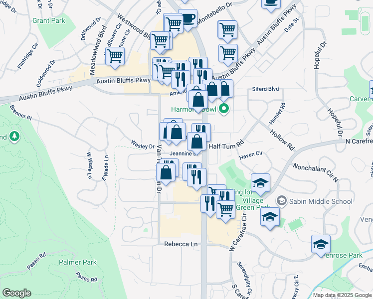 map of restaurants, bars, coffee shops, grocery stores, and more near 3680 Jeannine Drive in Colorado Springs