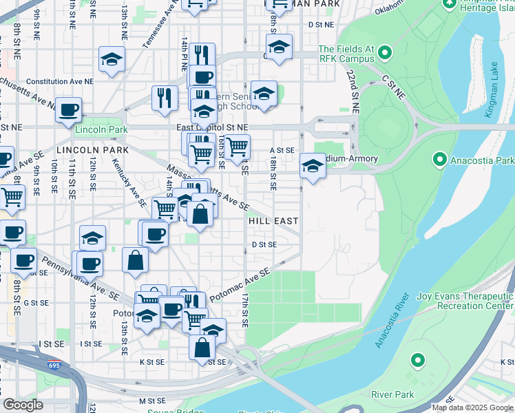map of restaurants, bars, coffee shops, grocery stores, and more near 1716 Massachusetts Avenue Southeast in Washington