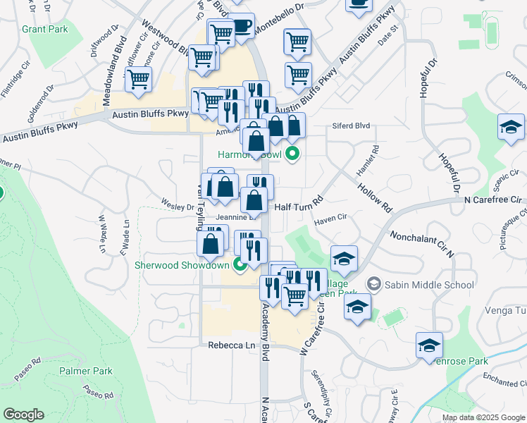 map of restaurants, bars, coffee shops, grocery stores, and more near 7 Half Turn Road in Colorado Springs