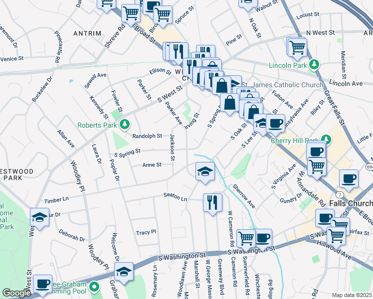 map of restaurants, bars, coffee shops, grocery stores, and more near 203 South Spring Street in Falls Church