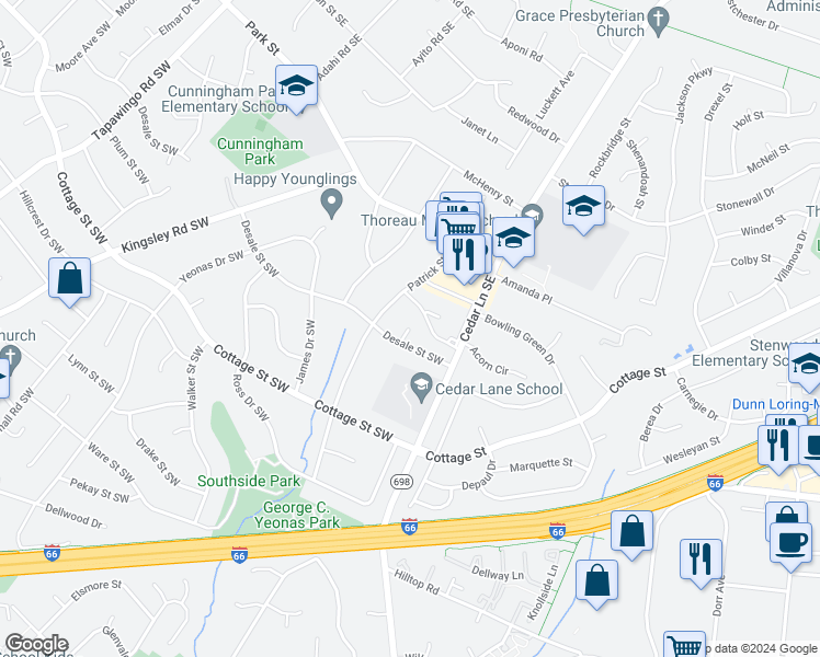 map of restaurants, bars, coffee shops, grocery stores, and more near 212 Sanoey Circle Southeast in Vienna