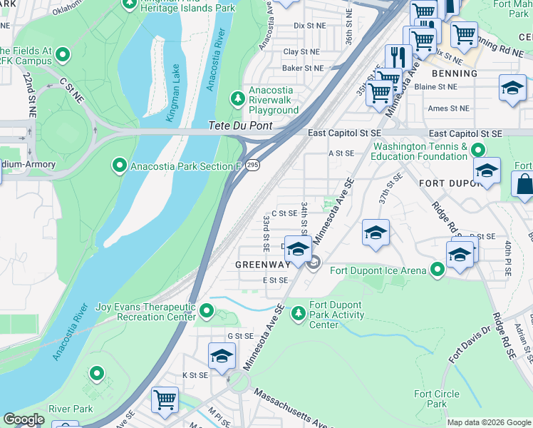 map of restaurants, bars, coffee shops, grocery stores, and more near C Street Southeast in Washington