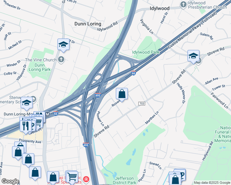 map of restaurants, bars, coffee shops, grocery stores, and more near 2532 Roswell Court in Falls Church