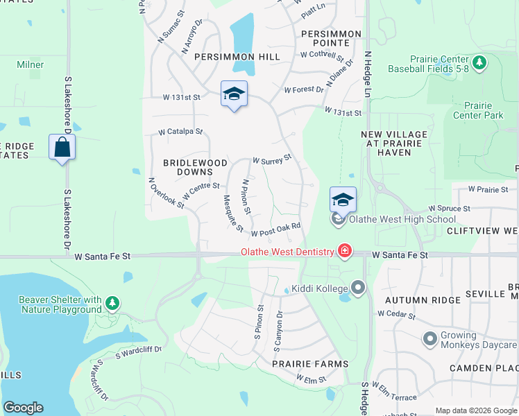 map of restaurants, bars, coffee shops, grocery stores, and more near 312 N Pinon St in Olathe