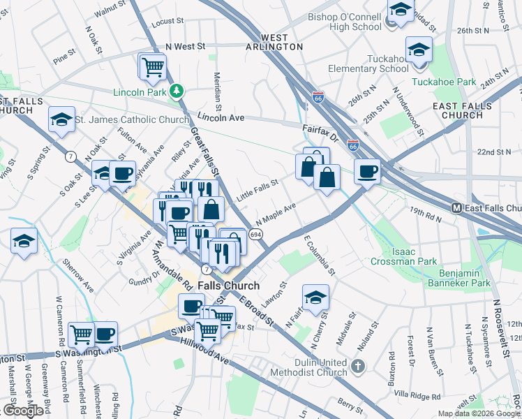 map of restaurants, bars, coffee shops, grocery stores, and more near 204 Garden Court in Falls Church