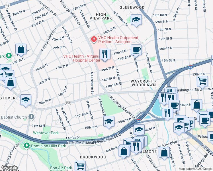 map of restaurants, bars, coffee shops, grocery stores, and more near 5155 14th Street North in Arlington