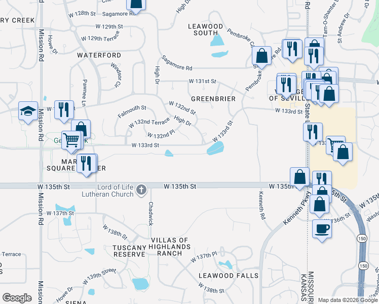 map of restaurants, bars, coffee shops, grocery stores, and more near 13294 Fairway Street in Leawood