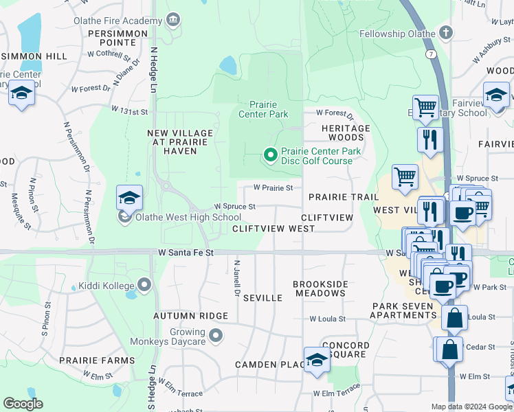 map of restaurants, bars, coffee shops, grocery stores, and more near 1720 West Spruce Street in Olathe